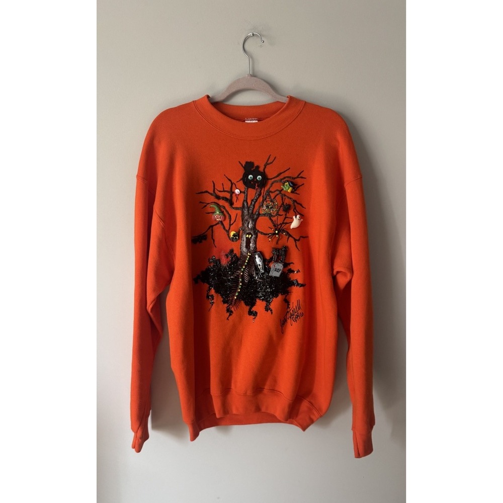 Vintage 90s Halloween Crewneck Sweatshirt Orange Haunted Spooky 3D Embellish XL